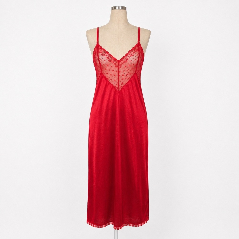 Vintage Sheer Floral Lace Satin Slip‎ Dress Sz M Red Lingerie Nightgown Romantic